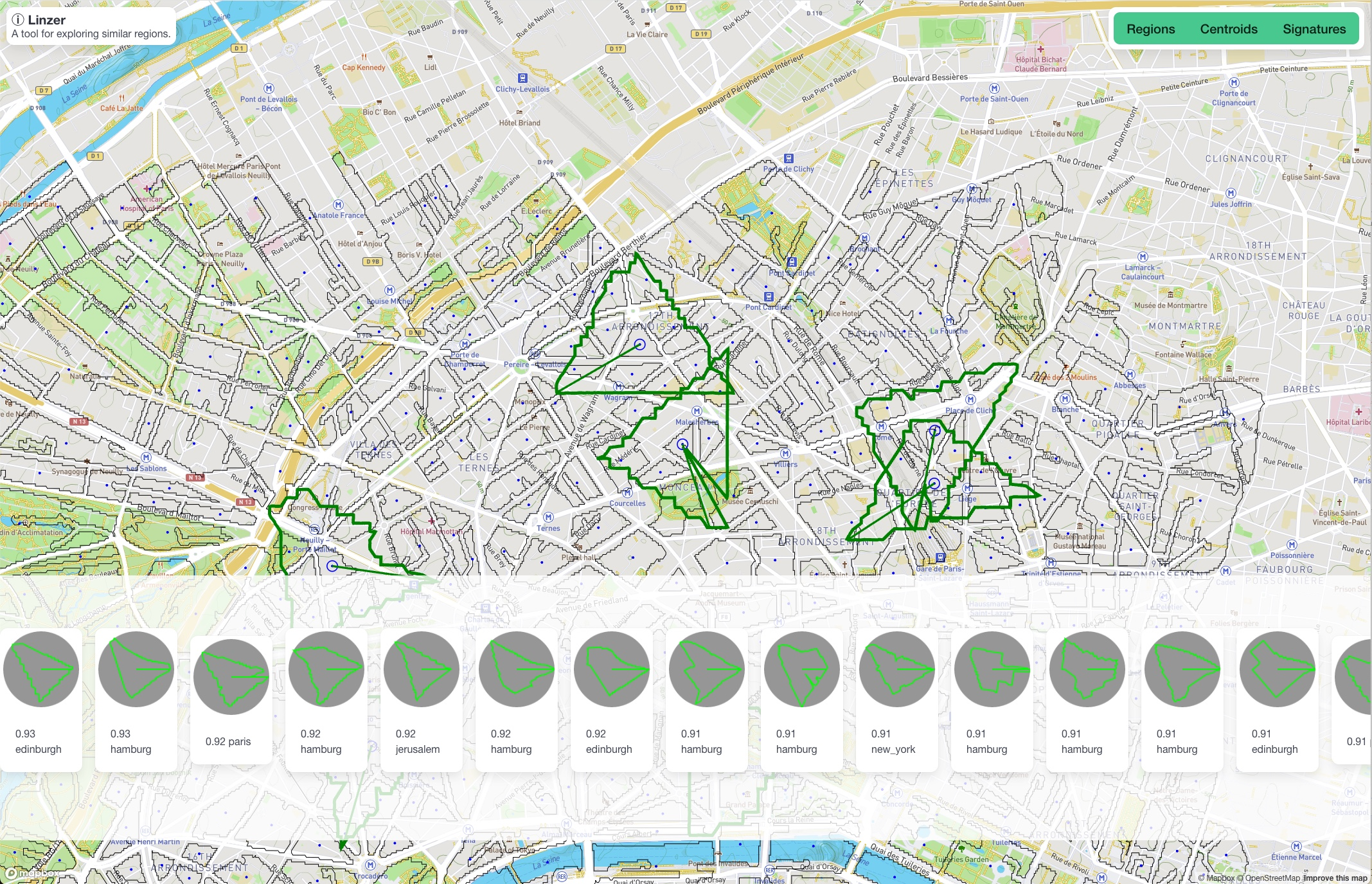 Linzer Biscuit App showing similar regions across multiple cities